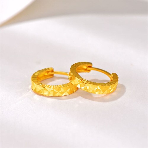 Pure 24K Yellow Gold Earrings Hoop Women Carved Star Surface