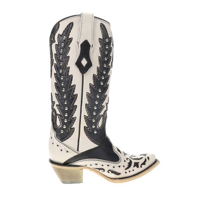 Pre-owned Corral Boots Embroidered Studded Overlay Snip Toe Cowboy Womens Black, White Ca