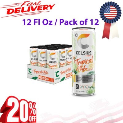 CELSIUS Sparkling Tropical Vibe, Functional Essential Energy Drink, (Pack of 12)