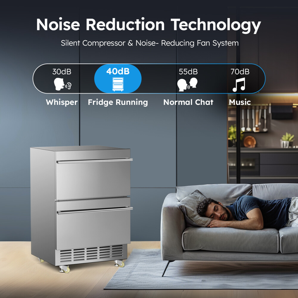 24 Inch Under Counter Beverage Refrigerator, Double Drawer Beverage Fridge