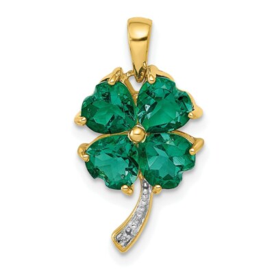 Pre-owned Superdealsforeverything Real 14k Yellow Gold Created Emerald And Diamond Four Leaf Clover Pendant