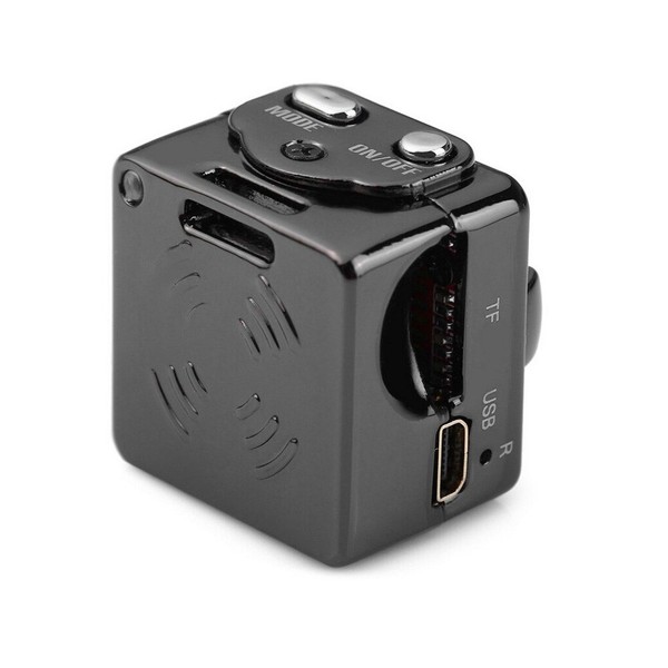 Compact black mini camera with USB port.