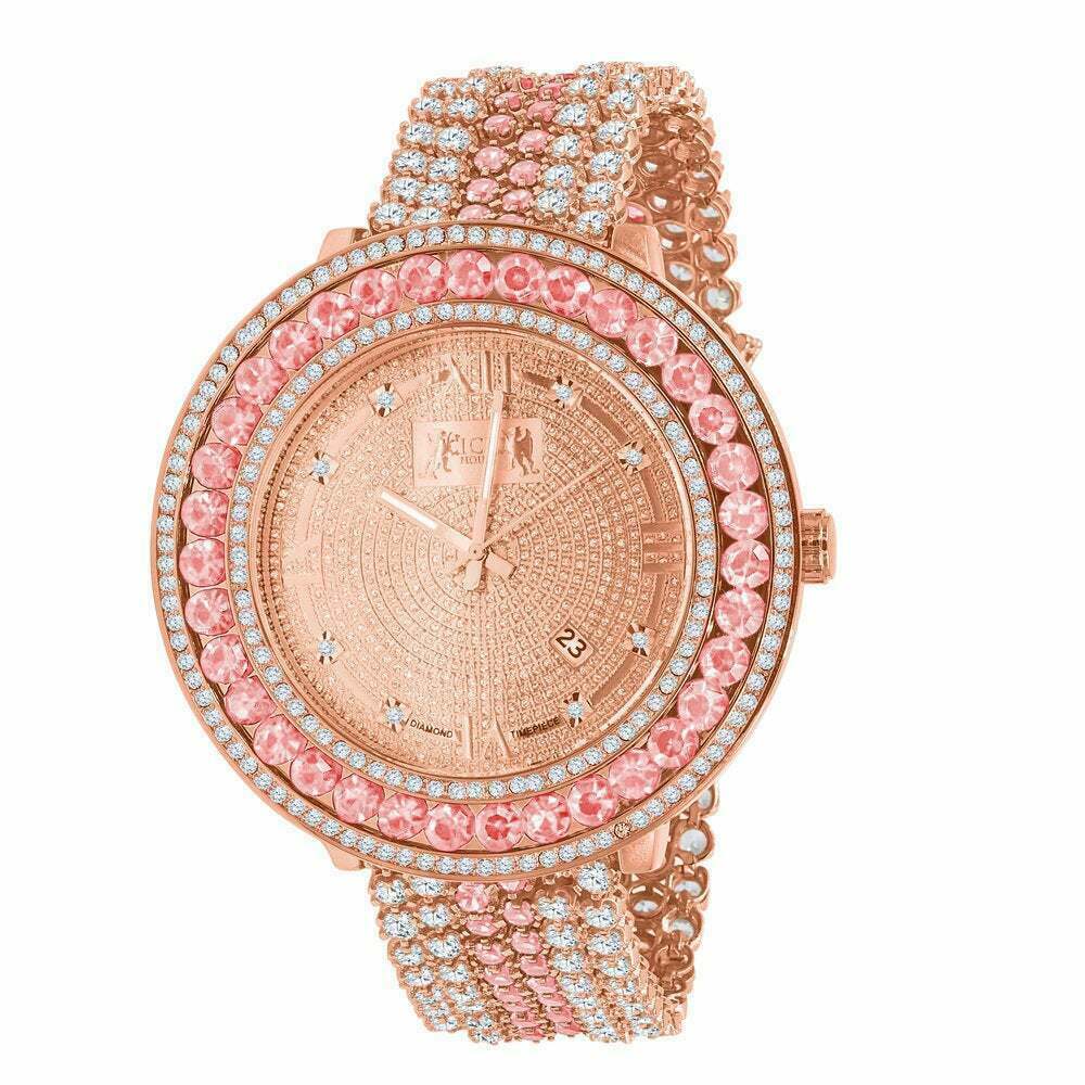 Pre-owned Ice House Pink Solitaire Face Full Diamond Illusion 18k Rose Gold Tone W/date Watch