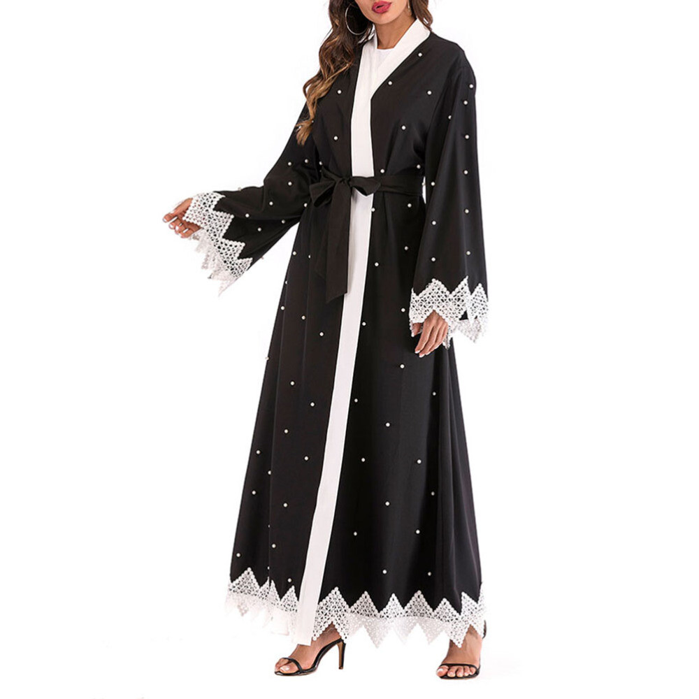 MARKENLOS 3 STÜCKE FRAUEN ROBE LOSE LANGARM PATCHED PERLEN MODE DUBAI KAFTAN MUSLIM KLEID