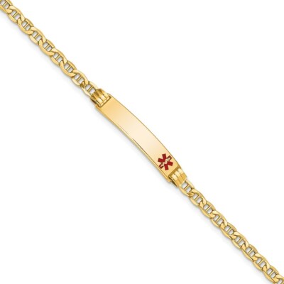 Pre-owned Skyjewelers Real 14k Yellow Gold Semi-solid Medical Red Enamel Anchor Link Id Bracelet