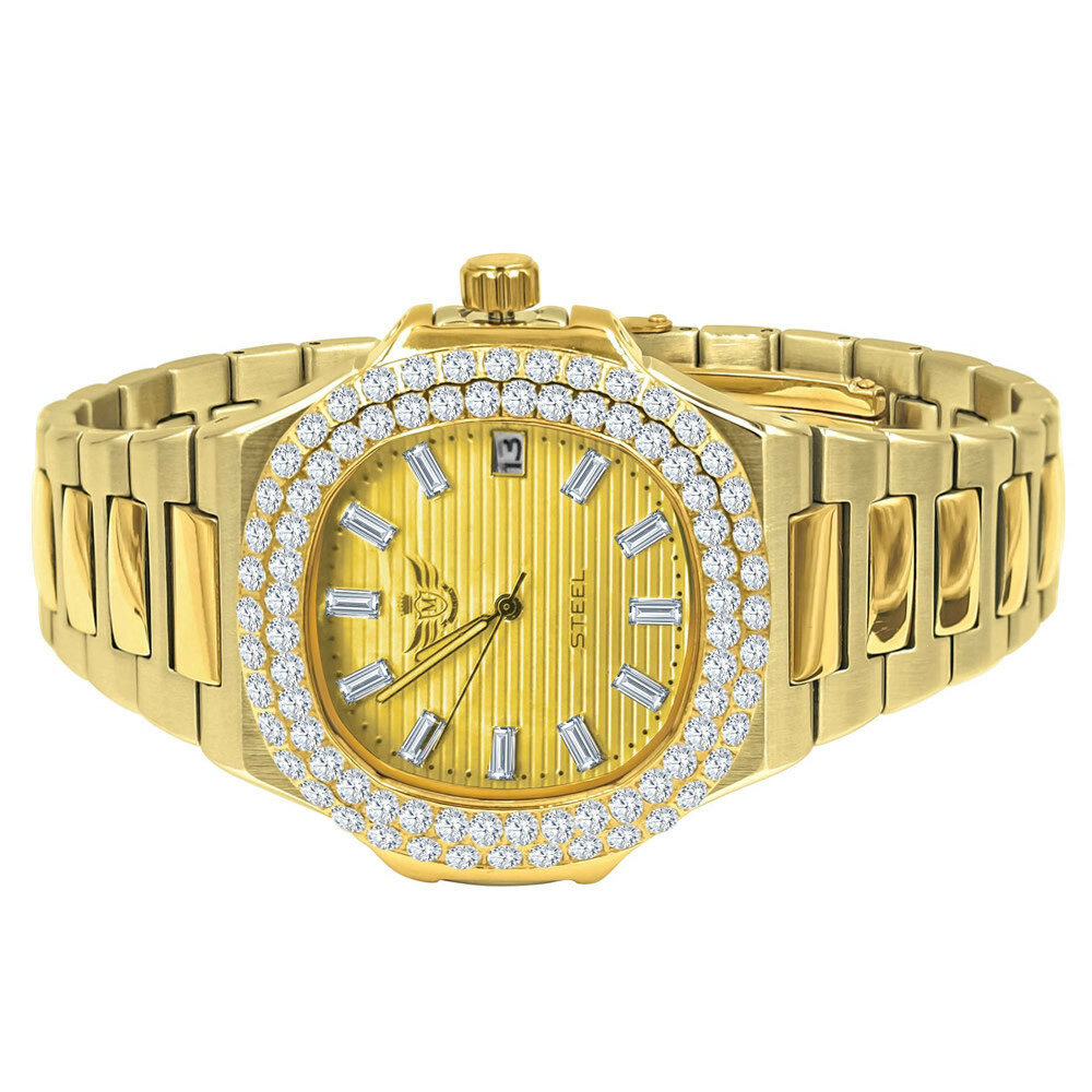 Pre-owned Usdiamondking Men's Solid Steel 18k Yellow Gold Finish Simulated Diamond 36mm Watch With Date