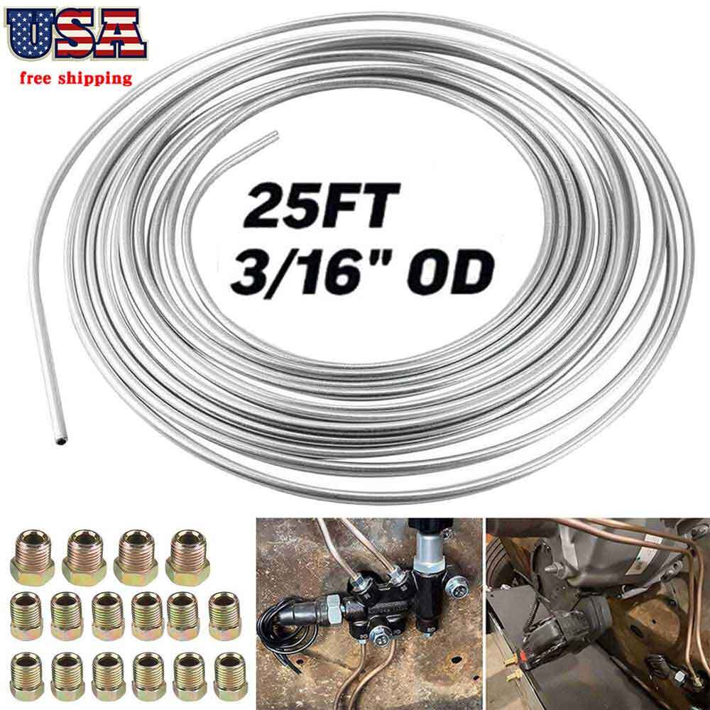 Zinc Steel Brake Line Tubing Kit 3/16''OD 25Ft Coil Roll + 16x Nuts Fittings US