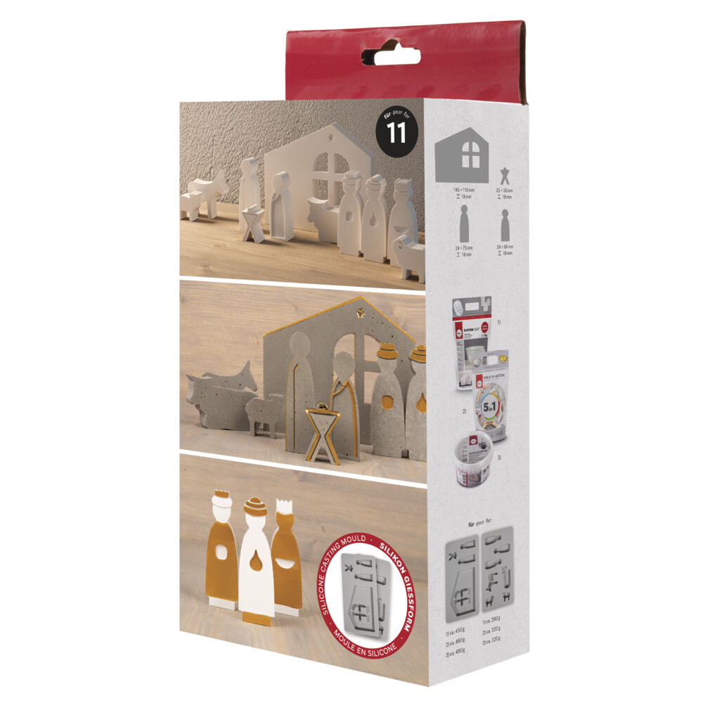 Rayher Silikon Gießform Krippe, 2teilige Form mit 11 Formen, Box