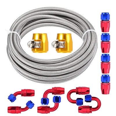 10FT AN6 3/8'' Fitting Stainless Steel Braided Oil Fuel Hose Line Kit &2PCS Clamp