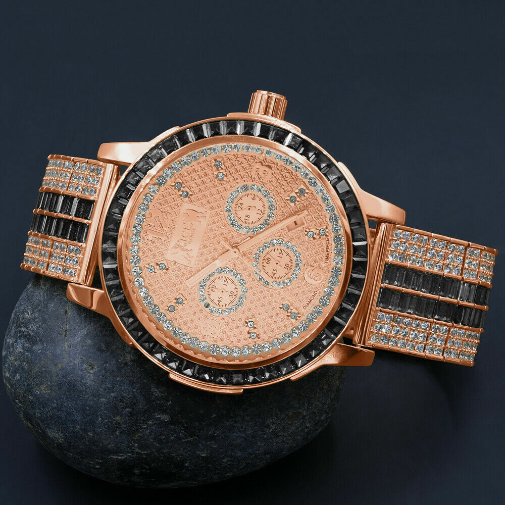 Pre-owned Ice House 18k Rose Gold 2 Tone Real Diamond Black Onyx Custom Solid Steel Bezel Band Watch
