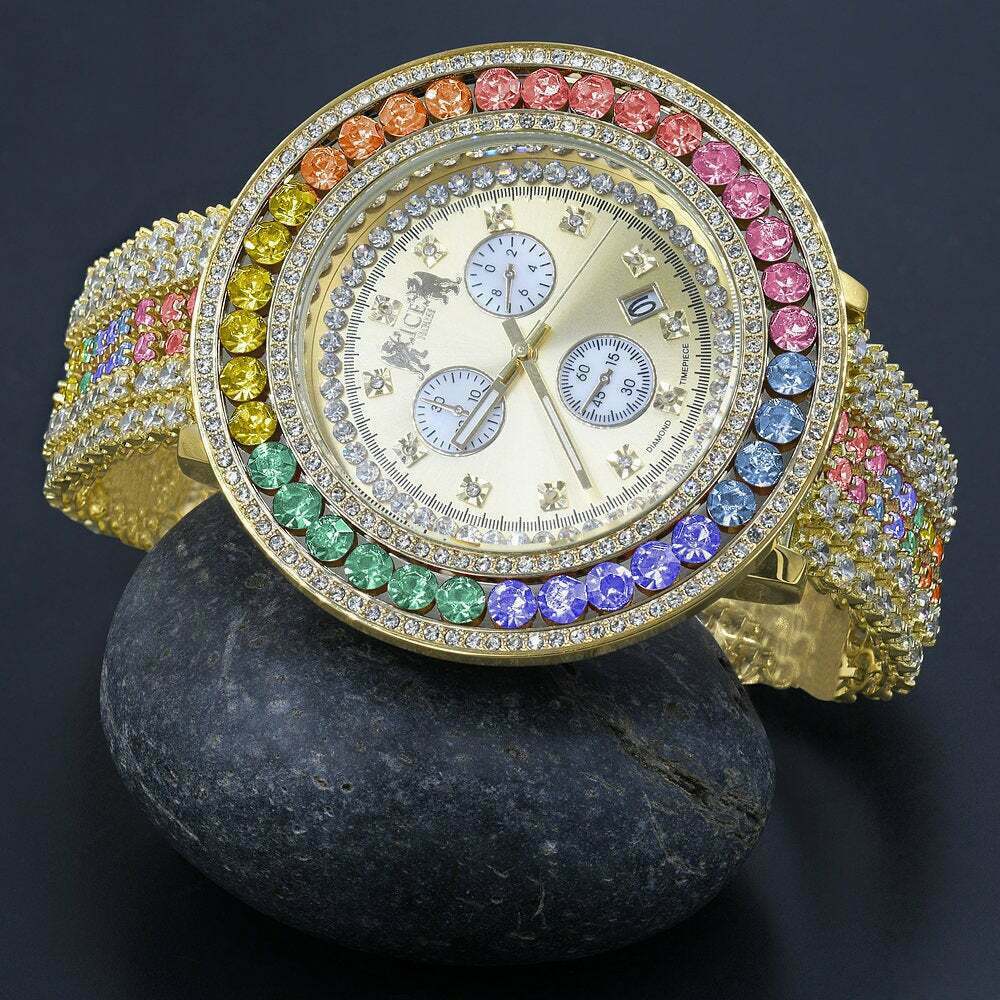 Pre-owned Ice House Men's Custom Big Face Xxl Multi Color Cz Band & Remove Able Bezel Wrist Watch