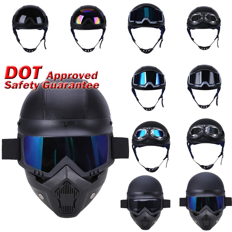 DOT German Motorcycle Half Helmet Skull Cap w/Goggles Chrome Silver Scooter Bike