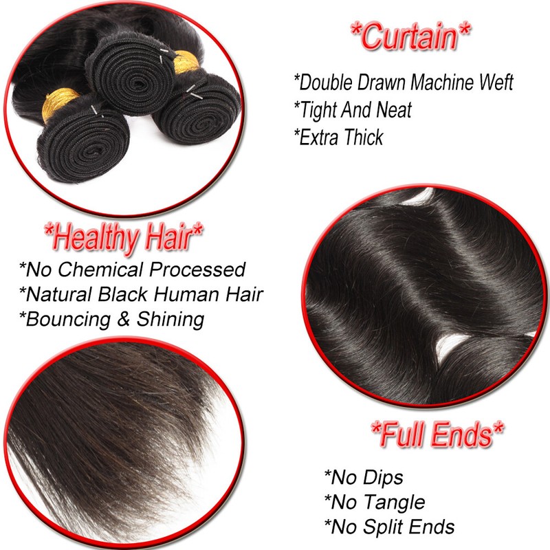3 Bundles Weave Weft Natural Virgin Human Hair Body Wave Straight