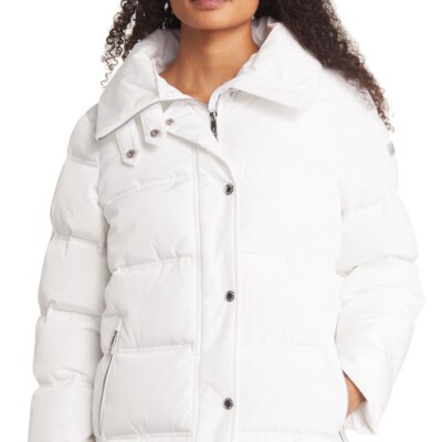 Pre-owned Sam Edelman Cream Water Repellent Puffer Coat With Zip Off Faux Fur Collar In Multicolor