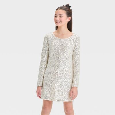 Girls Long Sleeve Sequin A-Line Dress - art class Silver S