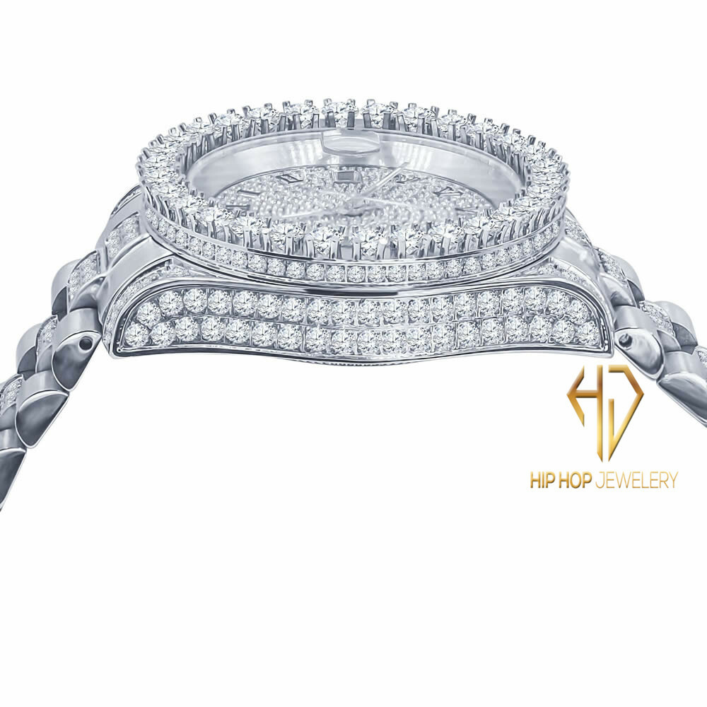Pre-owned Bling Master 18k White Gold Tone Stainless Steel Simulated Diamonds Presidential Watch 41mm