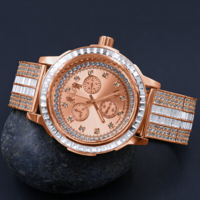 Pre-owned Ice House Mens Solid Steel Bezel Custom Band Watch W/date Function 18k Rose Gold Finish