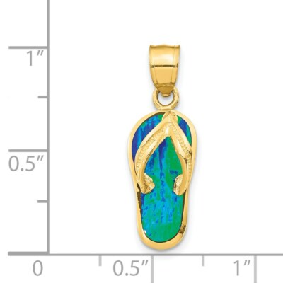 Pre-owned Superdealsforeverything Real 14kt Yellow Gold Polished 3d W/created Blue Opal Flip Flop Pendant
