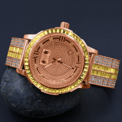 Pre-owned Ice House Solid Steel Bezel Watch Rose Gold Real Diamond Dial Custom Band Canary W/date