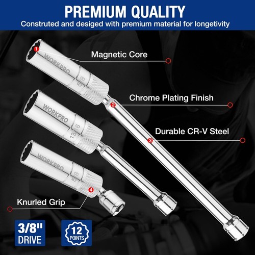 WORKPRO 7PCS 3/8" Magnetic Spark Plug Socket Sets 6PT 12PT Thin Wall 360° Swivel