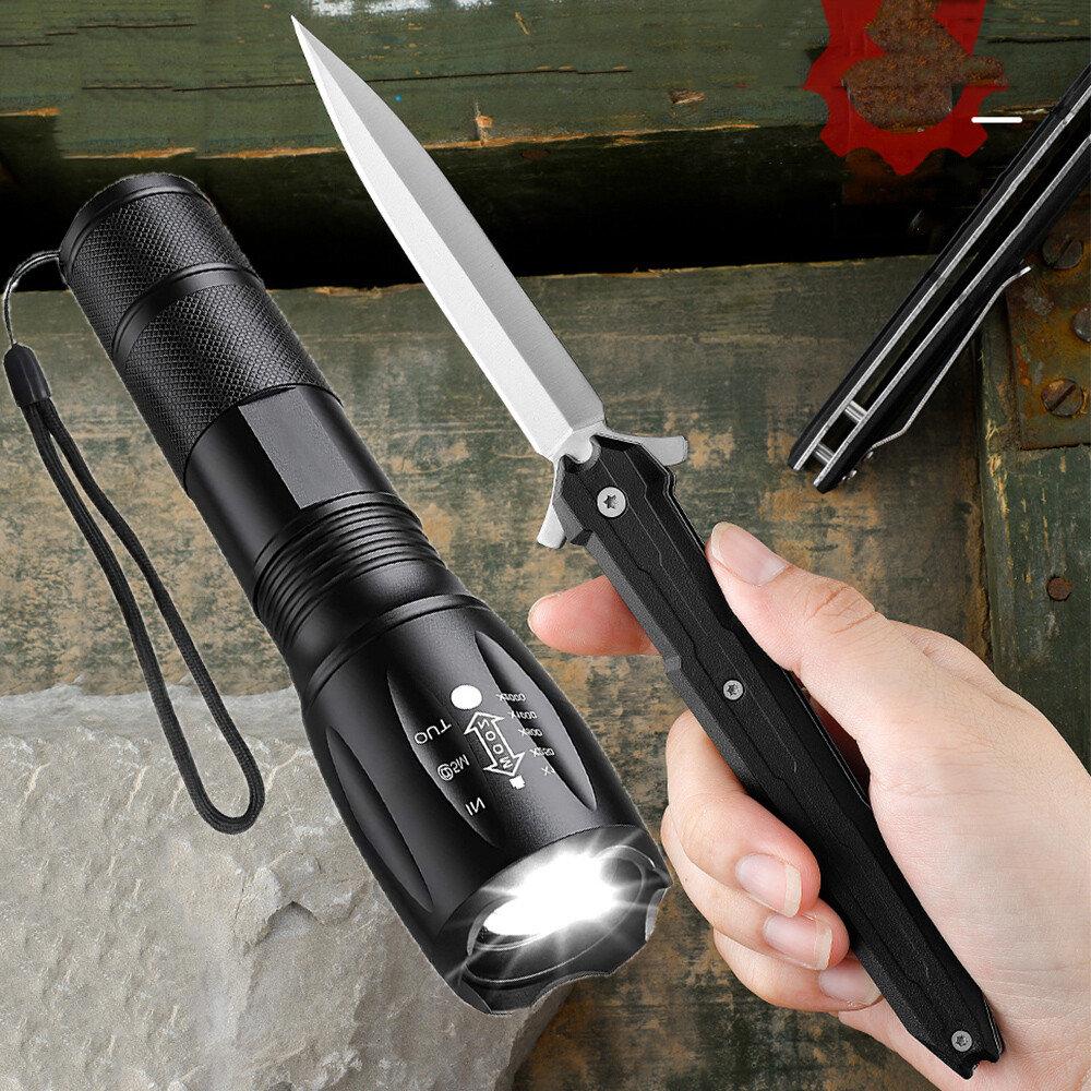 Tactical Flashlight Super Bright Torch Lamp USB Military Hunting Knife Folding