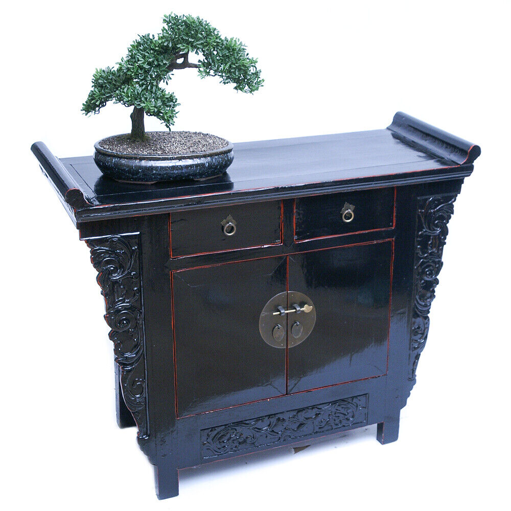 Sideboard antike chinesische Altar Kommode schwarz Schnitzereien China Antik alt