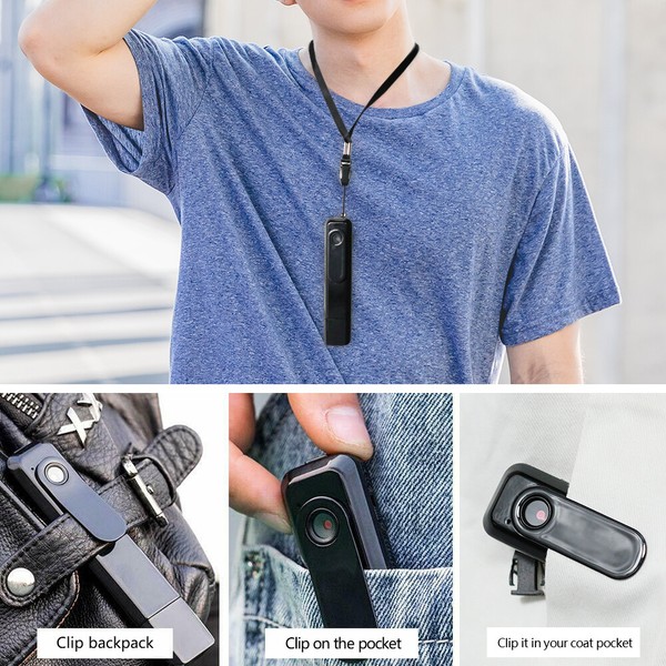 Portable clip-on camera demonstrated on apparel and backpack.