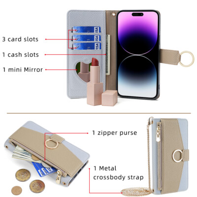 For iPhone 16 Pro Max 15 14 13 12 11 XR Women Crossbody Metal Strap Wallet Case