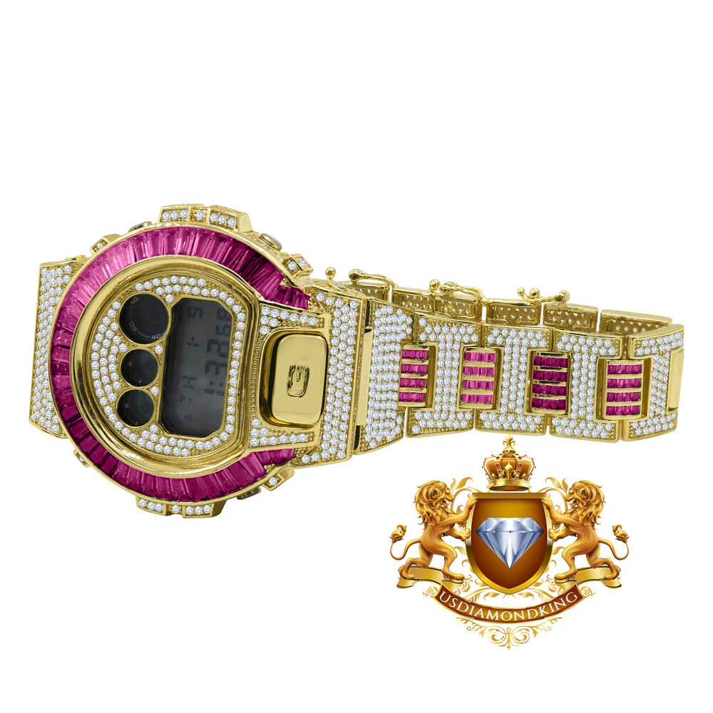 Pre-owned Usdiamondking Baguette Pink Tourmaline Gold Tone Casio Shock Authentic Dw-6900 Custom Watch
