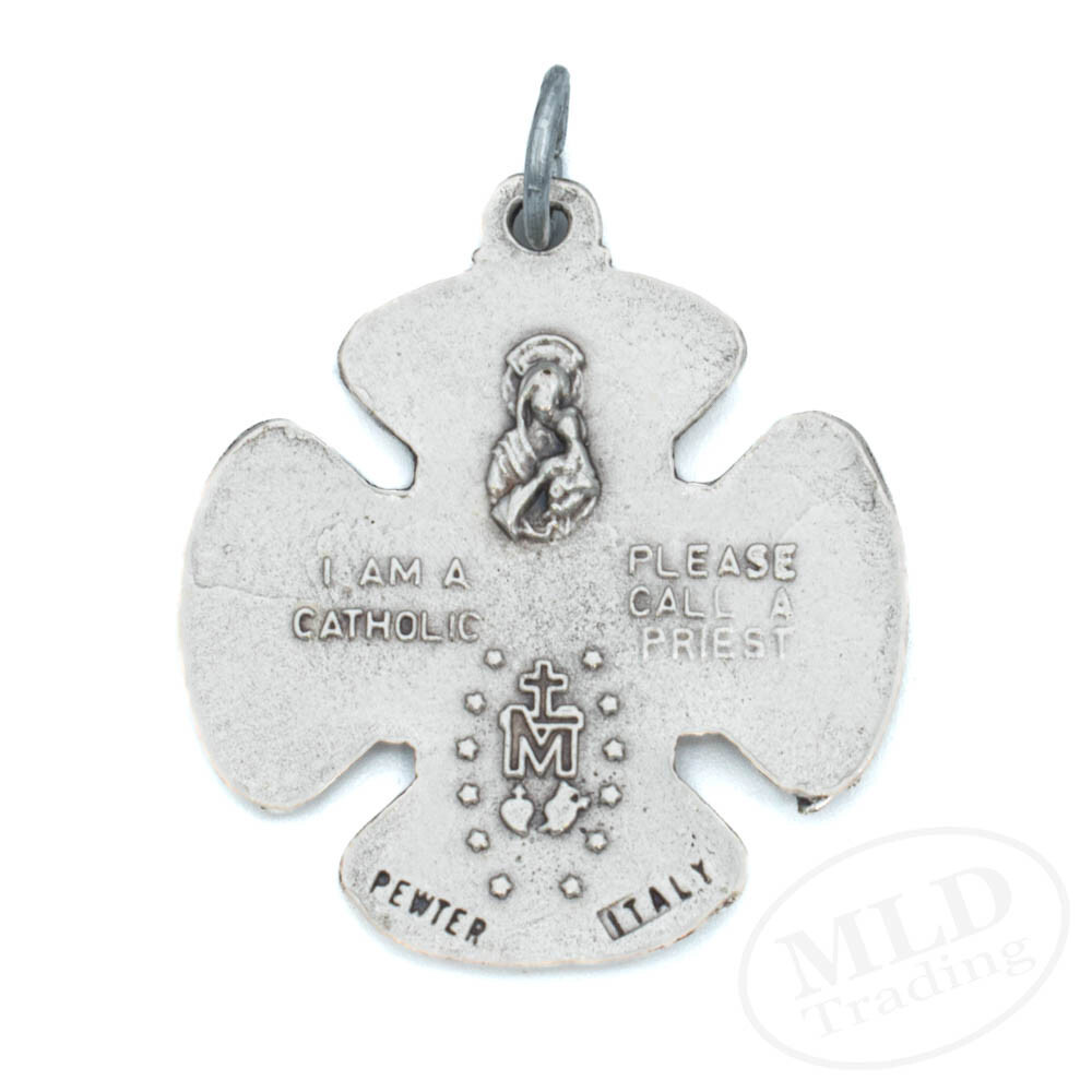 Four Way Catholic Cross Of Jesus 4-Way Medal Pendant Silver Pewter Made In Italy