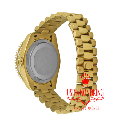 Pre-owned Bling Master Mens Full Steel Red Dial 18k Gold Tone Simulated Diamond Presidential Watch 42mm