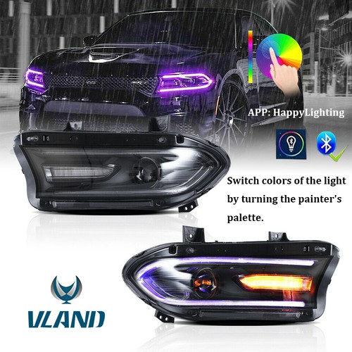 Pair LED Projector Headlights RGB Color Change Lamps For 2015-2023 Dodge Charger