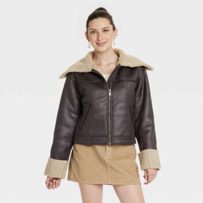 Womens Faux Leather Shearling Jacket - Universal Thread Brown M