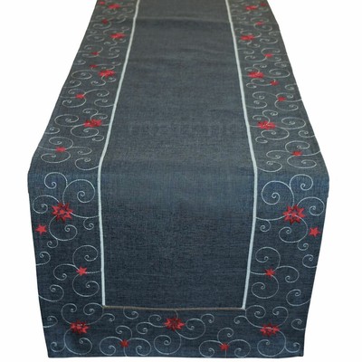 Tischläufer Sterne & Schnörkel Weihnachten dunkelgrau Stick weiß / rot 40x175 cm
