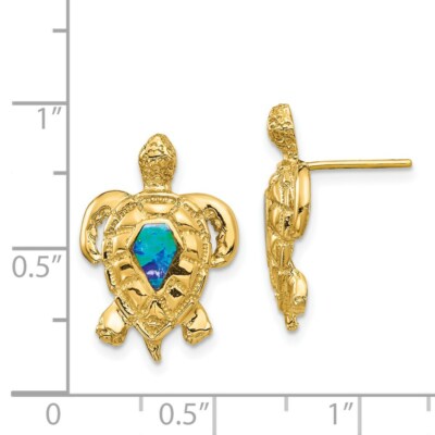 Pre-owned Skyjewelers Real 14kt Yellow Gold Created Opal Turtle Post Earrings