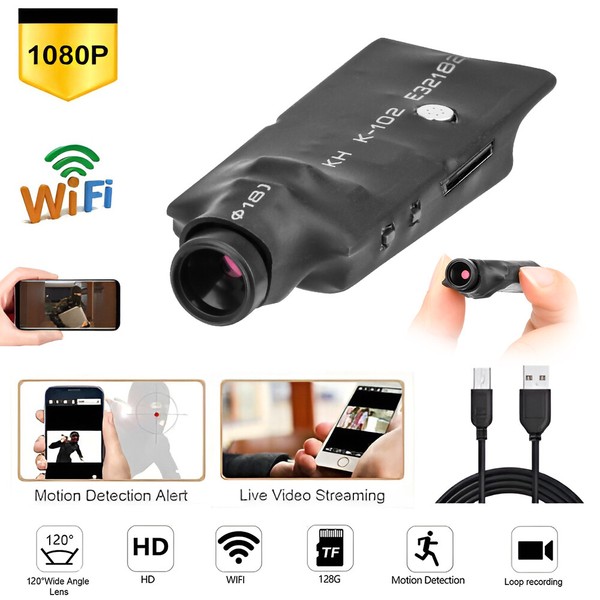 Compact Wi-Fi camera with accessories and smartphone connectivity.