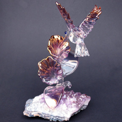 Hummingbird Figurine Sculpture Hand Blown Glass Crystal 24k Gold