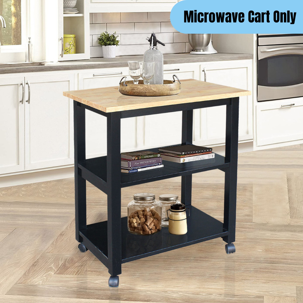 3-Tier Rolling Kitchen Island Microwave Cart Solid Wood Butcher Block Top Black