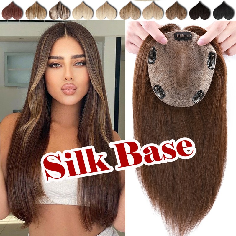 100% Silk Base 15*16cm Thick Human Hair Hairpiece Topper Clip in Remy Wigs Brown