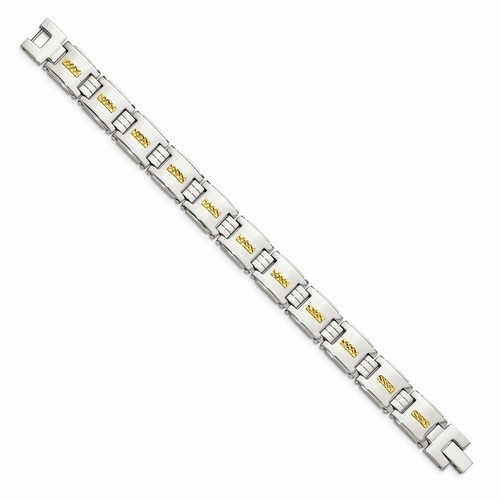Pre-owned Chisel Stainless Steel Polished W/14k Gold D/c Link Bracelet In White