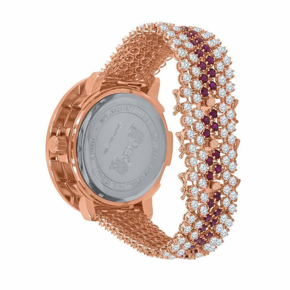 Pre-owned Red Solitaire Xl Big Face Simulate Diamond 18k Rose Gold Tone W/date Watch