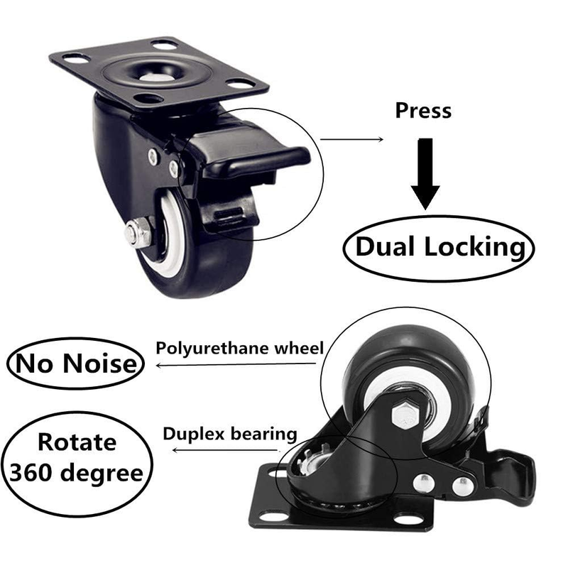 2" Caster Wheels Set of 8, Heavy Duty, No Noise, Locking, Polyurethane (PU), Swi