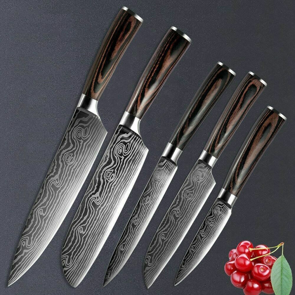 5 Stück Messerset Küchenmesser Japanisches Damaskus Muster Kochmesser Hackmesser