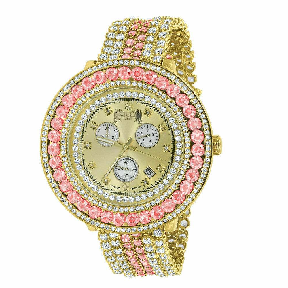 Pre-owned Ice House Men's Custom Big Face Xxl Multi Color Cz Band & Remove Able Bezel Wrist Watch