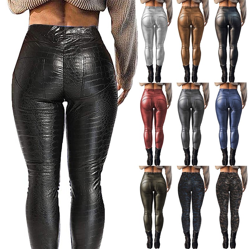 Damen PU Leder Yoga Leggings Fitness Glanz Schlank Wet Look Hosen Optik Leggins