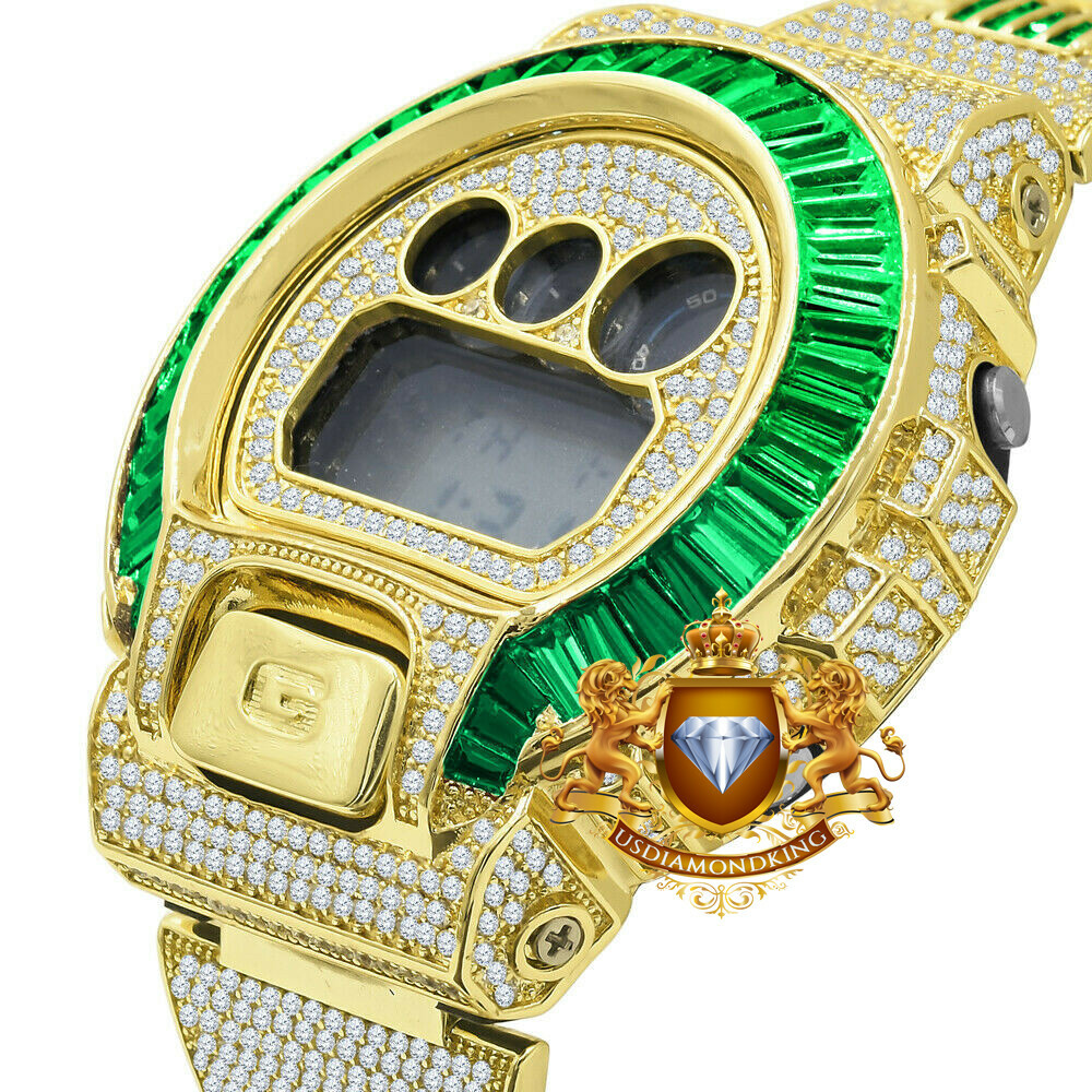 Pre-owned Usdiamondking Baguette Green Emerald Gold Finish Casio Shock Authentic Dw-6900 Custom Watch