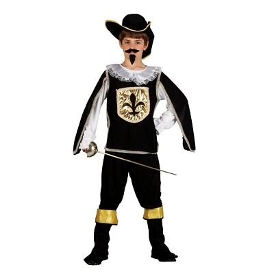 Boys French MUSKETEER BLACK Fancy Dress Book Week Costume + Hat Outfit Age 5-10
