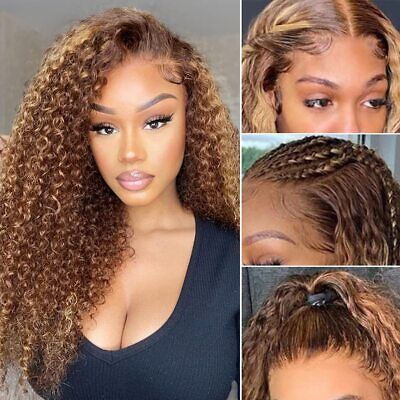 UNice Brazilian Ombre Highlight Blonde Curly Human Hair T Part Lace Wig Glueless