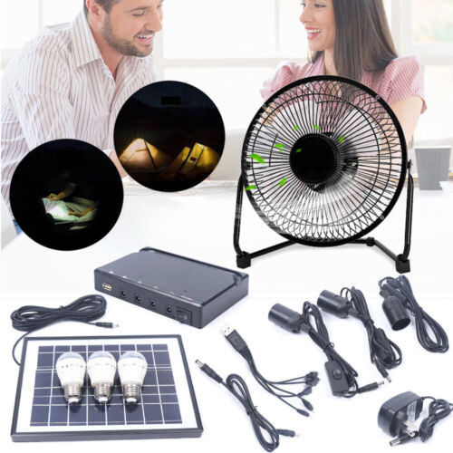 Portable Outdoor Solar Panel Lighting System W/ Led Lamp Lighting & 8'' Fan New