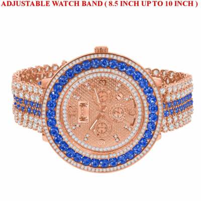Pre-owned Ice House Blue Solitaire Xxl Big Face Simulate Diamond 18k Rose Gold Tone W/date Watch